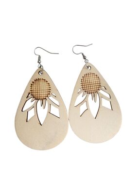 (4)Wooden Teardrop Sunflower Cutout Earrings - Beige